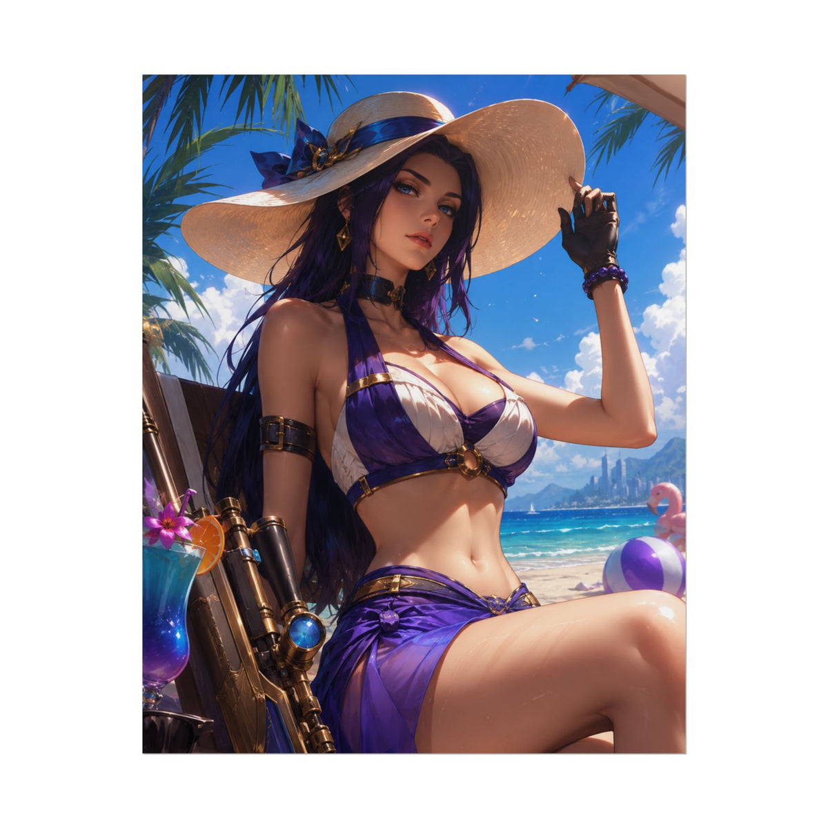 Caitlyn Arcane Beach Goddess Poster — Summer Anime Pinup Rolled Art Print