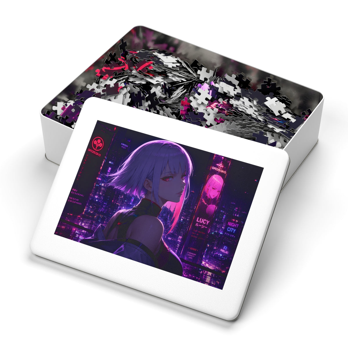 Cyberpunk Anime Jigsaw Puzzle with Tin — 'Lucy' Neon Night City Scene