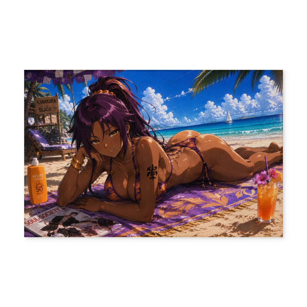 Yoruichi Bleach Tropical Beach Anime Bikini Washable Rug — Sunbathing Waifu Dorm Room Decor