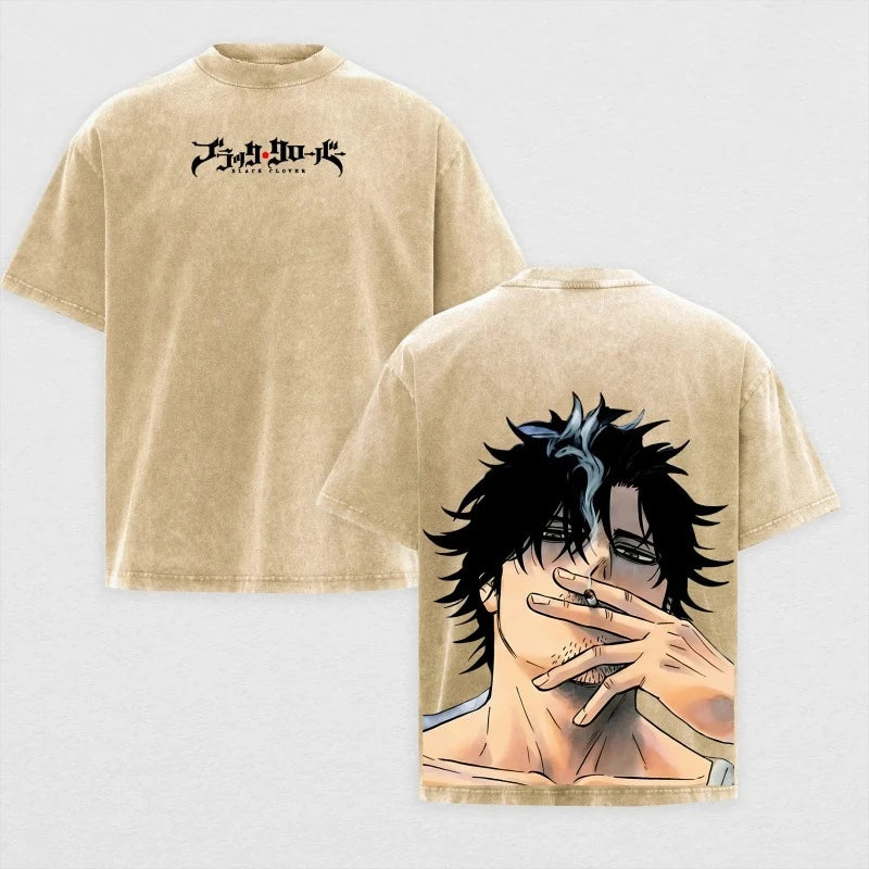 lack Clover Yami Sukehiro Vintage Washed Graphic T-Shirt – Oversized Unisex Cotton Anime Streetwear Tee