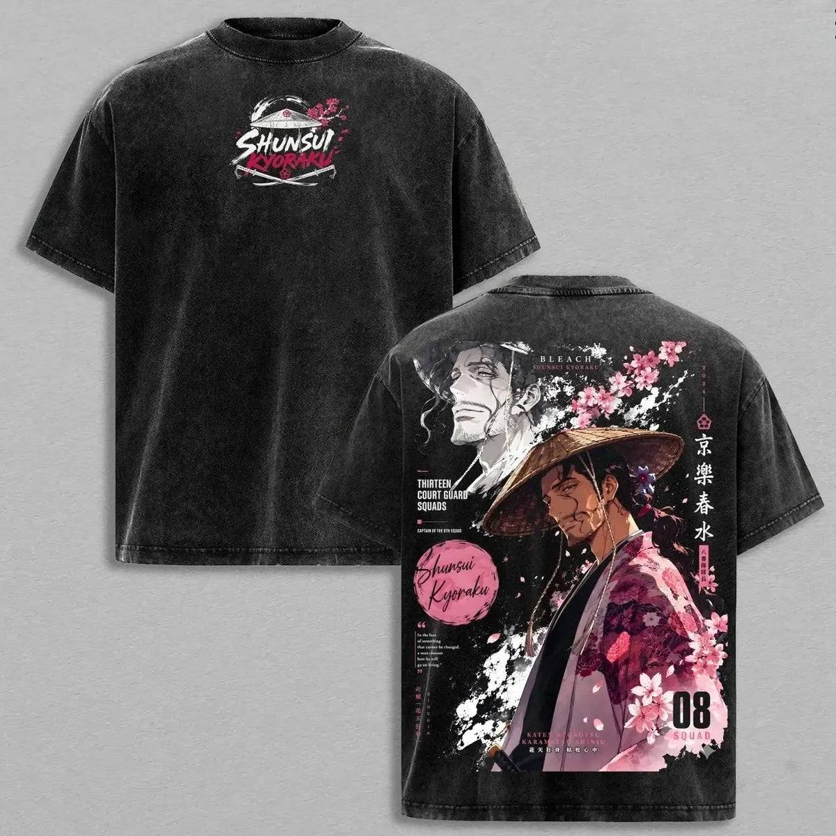 BLEACH Shunsui Kyoraku Vintage Washed T-Shirt – Unisex Harajuku Anime Streetwear Tee