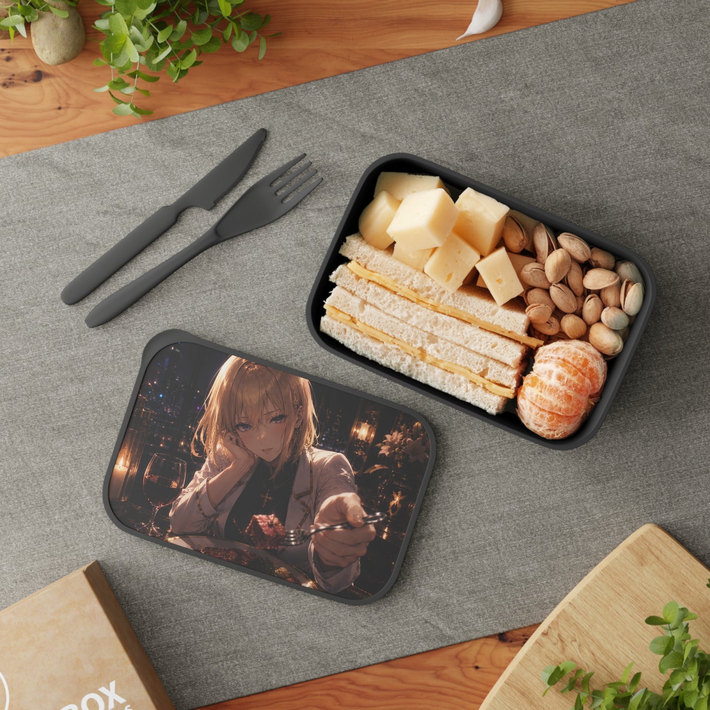Cha Hae-In Solo Leveling Anime Dinner Bento Box with Utensils — Romantic Nightlife Illustration