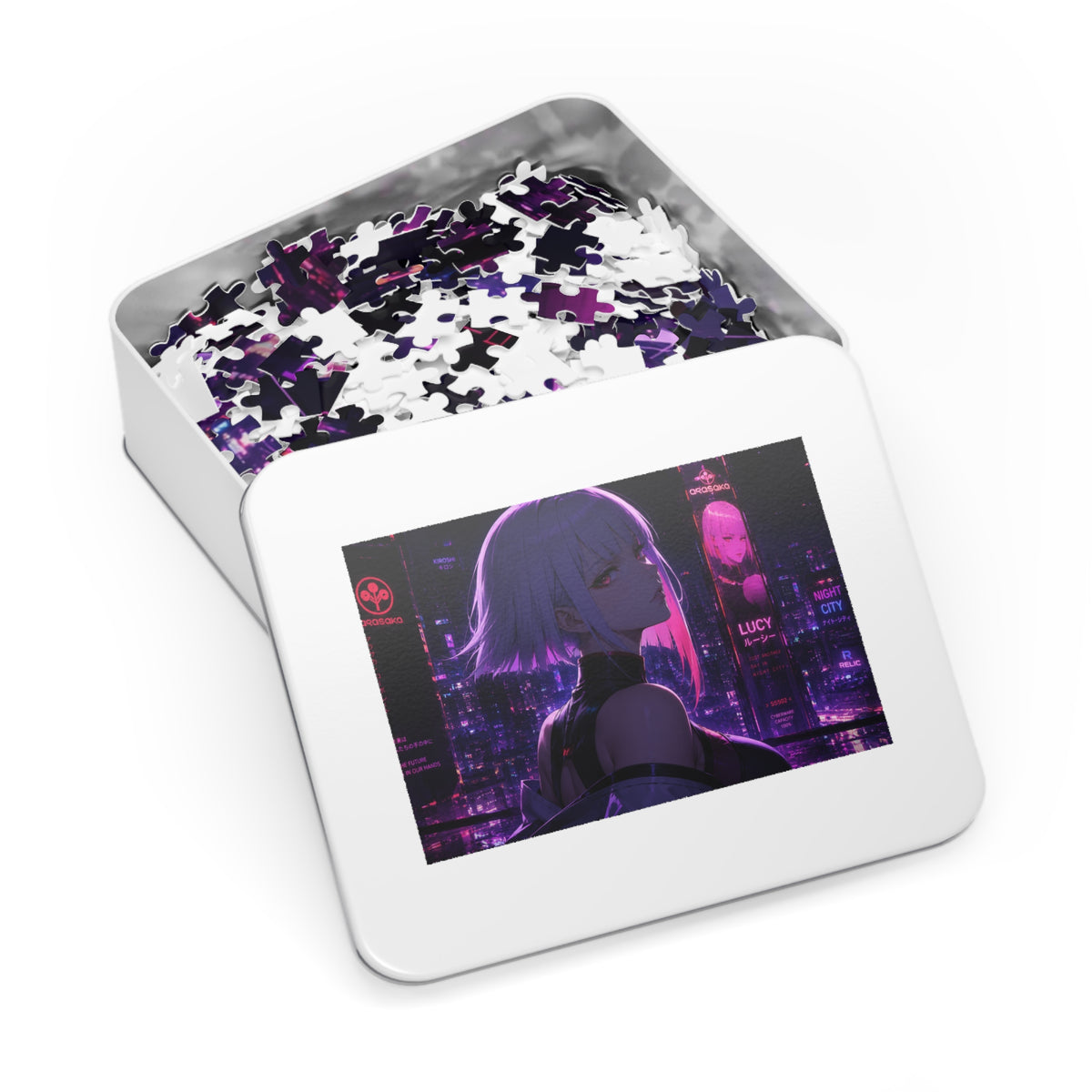 Cyberpunk Anime Jigsaw Puzzle with Tin — 'Lucy' Neon Night City Scene