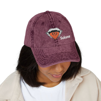 Vintage Embroidered Cap — Retro Lip Patch & "Sukuna" Text