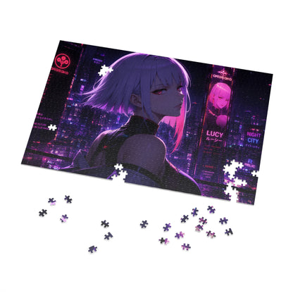 Cyberpunk Anime Jigsaw Puzzle with Tin — 'Lucy' Neon Night City Scene