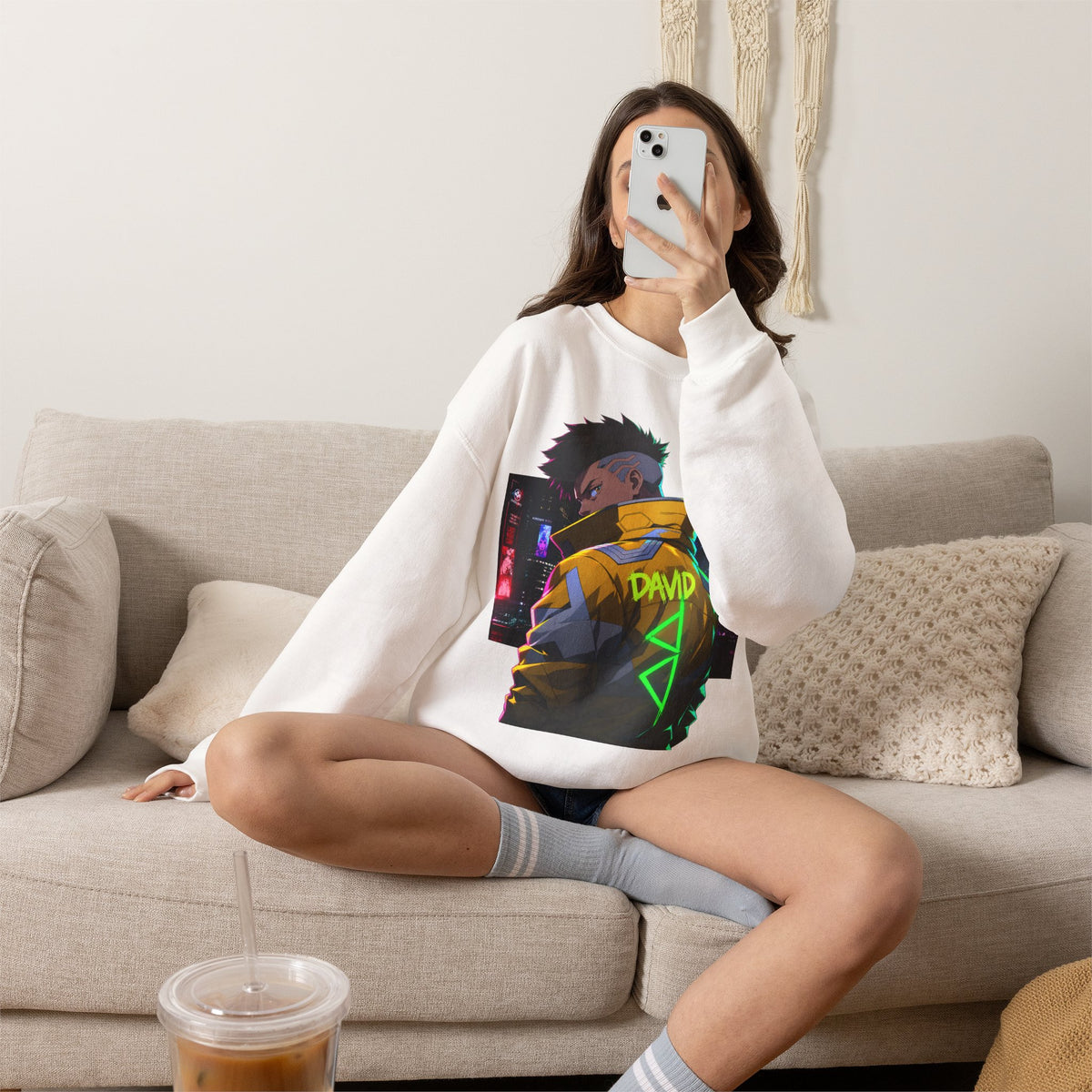 Cyberpunk Jacket Graphic Sweatshirt — "DAVID" Neon Anime Crewneck