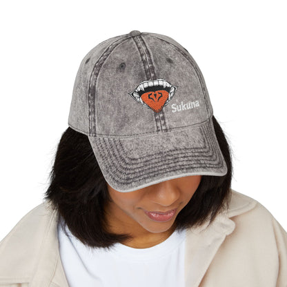 Vintage Embroidered Cap — Retro Lip Patch & "Sukuna" Text