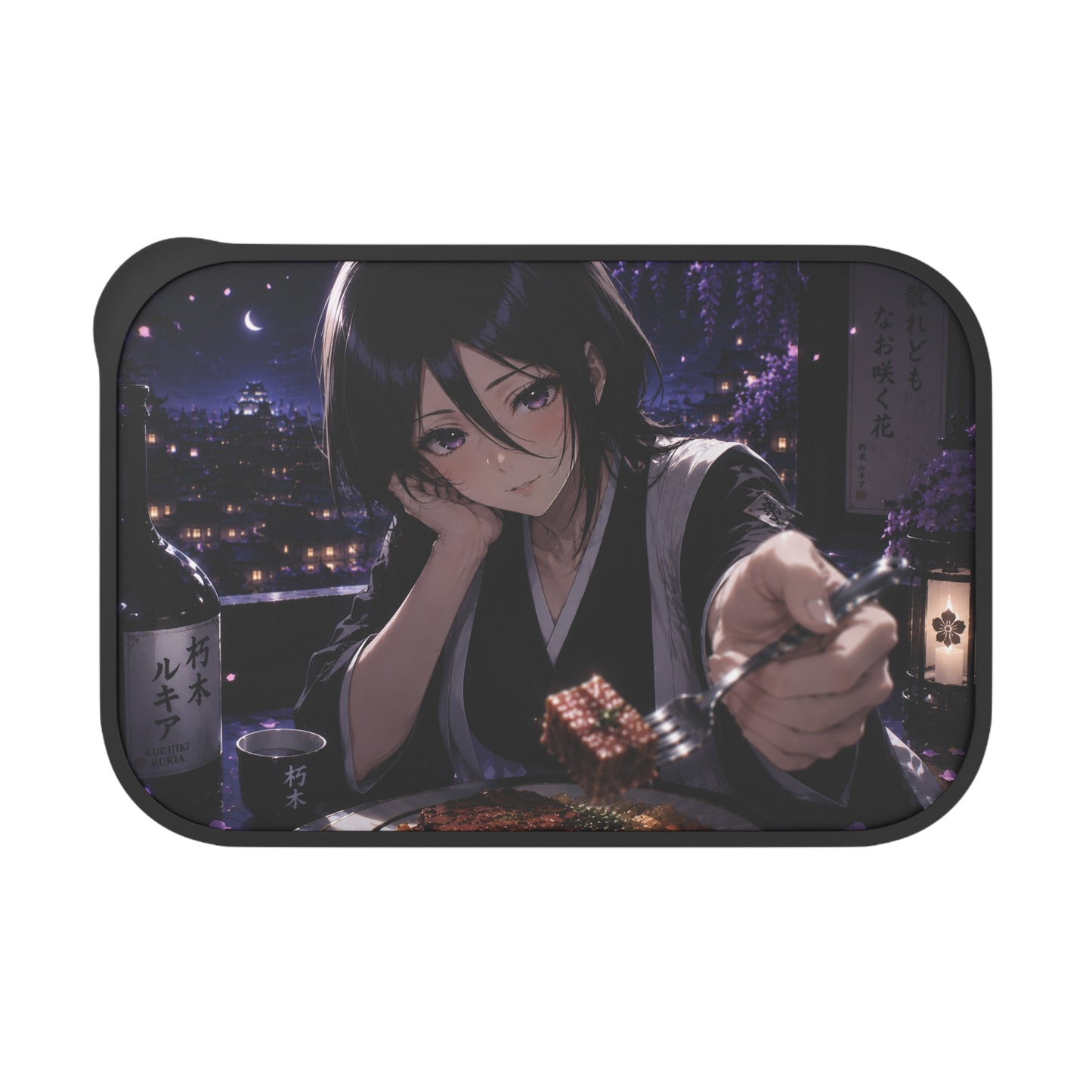 Rukia Kuchiki Bleach Anime Night Bento Box with Utensils – Romantic Cityscape Design
