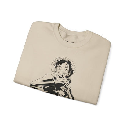 Luffy One Piece Anime Crewneck Sweatshirt — Monochrome Anime Pirate Illustration