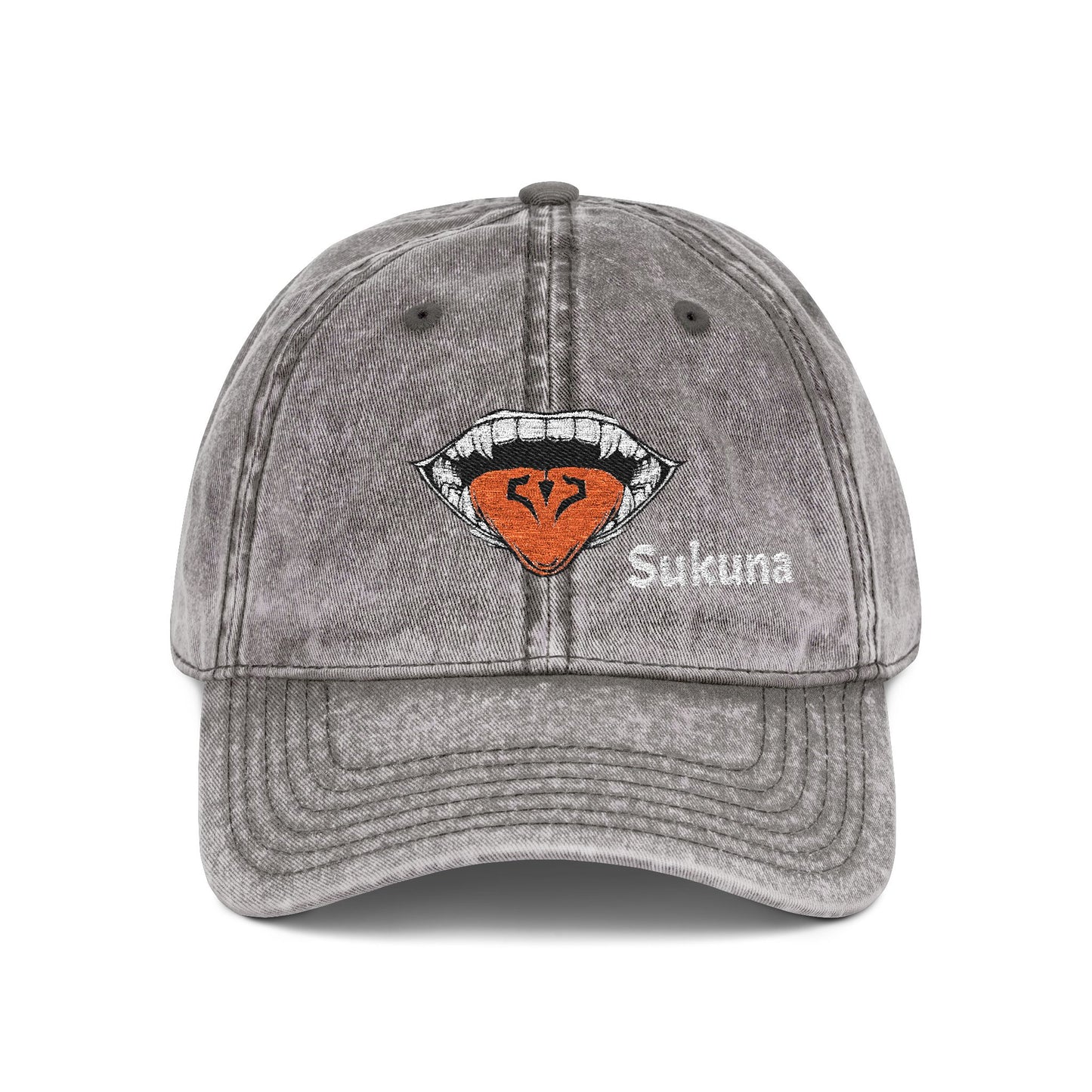 Vintage Embroidered Cap — Retro Lip Patch & "Sukuna" Text