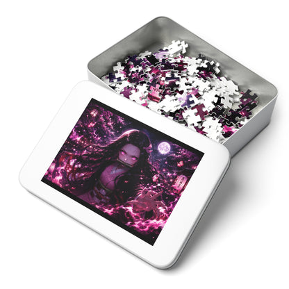 Nezuko Demon Slayer Girl Anime Jigsaw Puzzle with Tin — 500pc Neon Cherry Blossom Night
