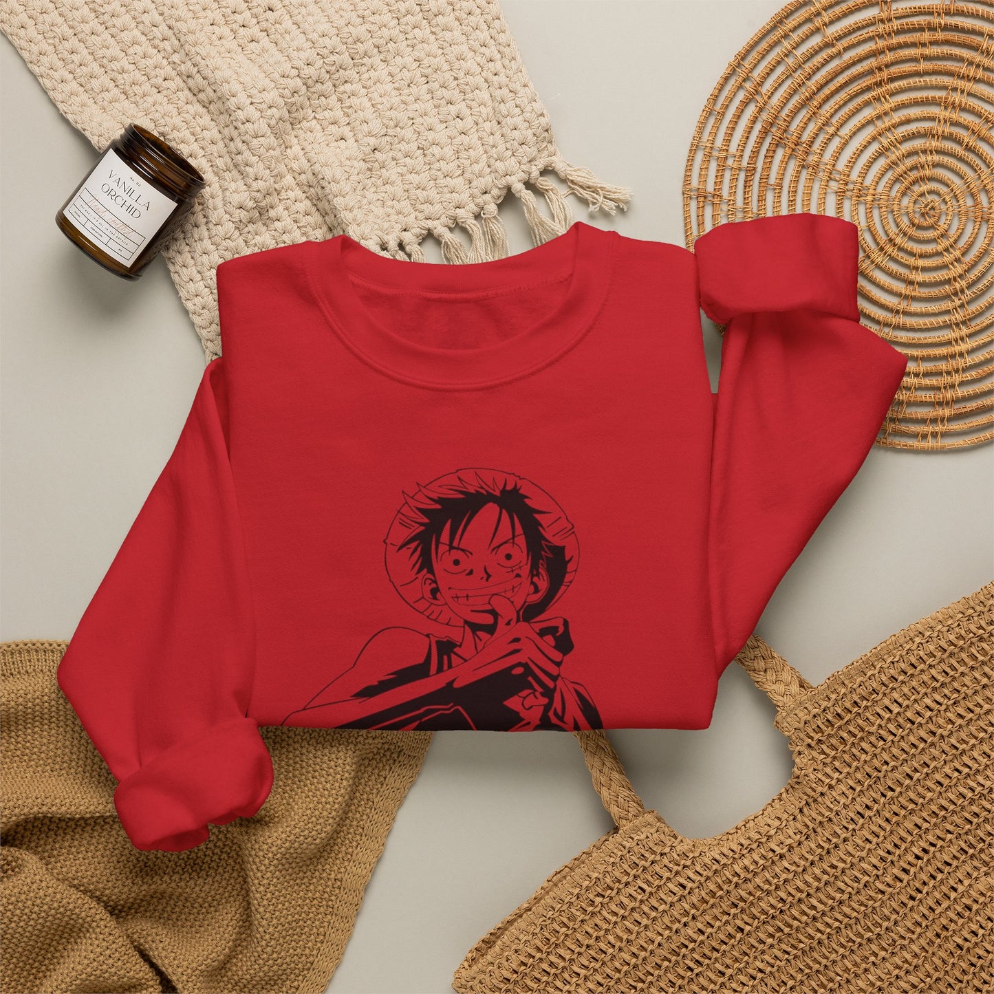 Luffy One Piece Anime Crewneck Sweatshirt — Monochrome Anime Pirate Illustration