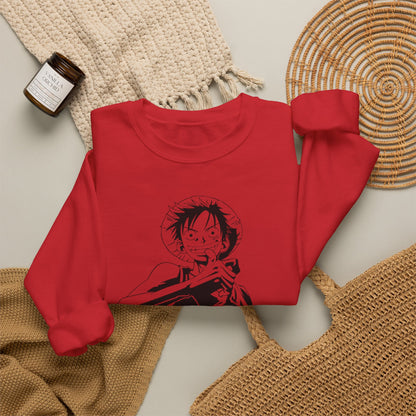 Luffy One Piece Anime Crewneck Sweatshirt — Monochrome Anime Pirate Illustration