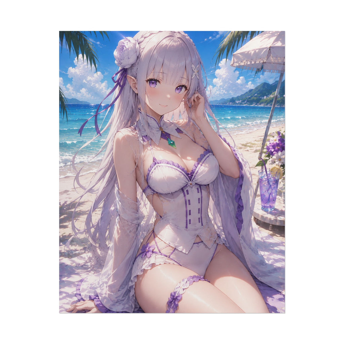 Anime Beach Poster — Pastel Violet Swimsuit Waifu Rolled Art Print