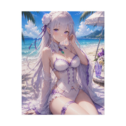 Anime Beach Poster — Pastel Violet Swimsuit Waifu Rolled Art Print