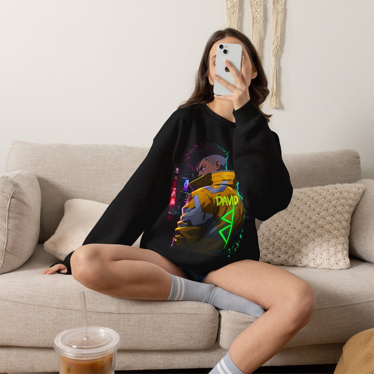 Cyberpunk Jacket Graphic Sweatshirt — "DAVID" Neon Anime Crewneck