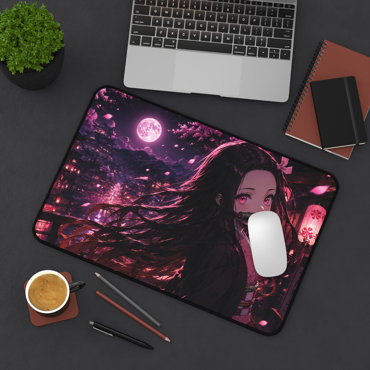 Nezuko demon slayer Anime Night Moon Desk Mat — Nezuko-Inspired Cherry Blossom Gaming Mousepad