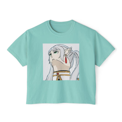 Anime Elf Portrait Boxy Tee — White Women’s Cropped Graphic Shirt
