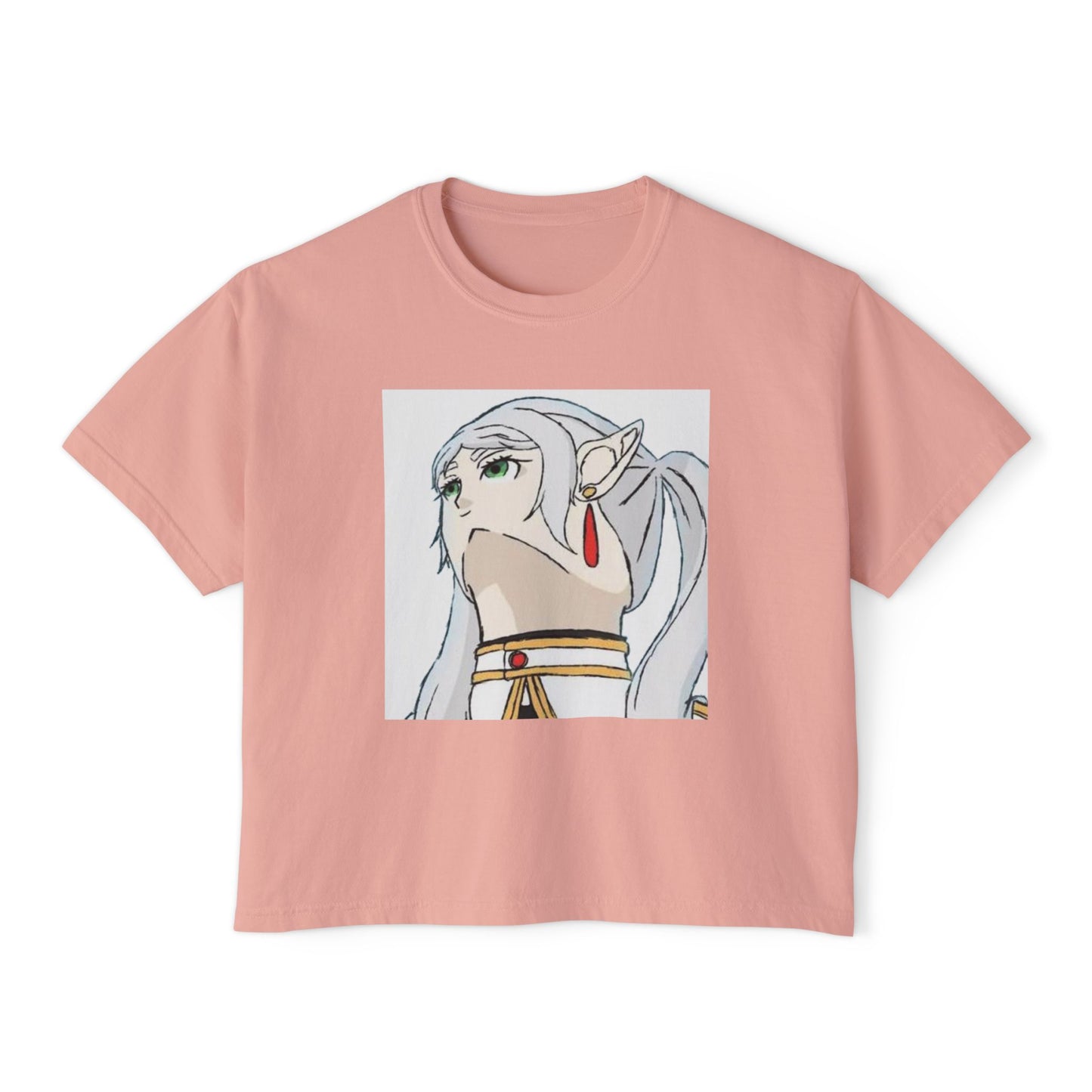 Anime Elf Portrait Boxy Tee — White Women’s Cropped Graphic Shirt