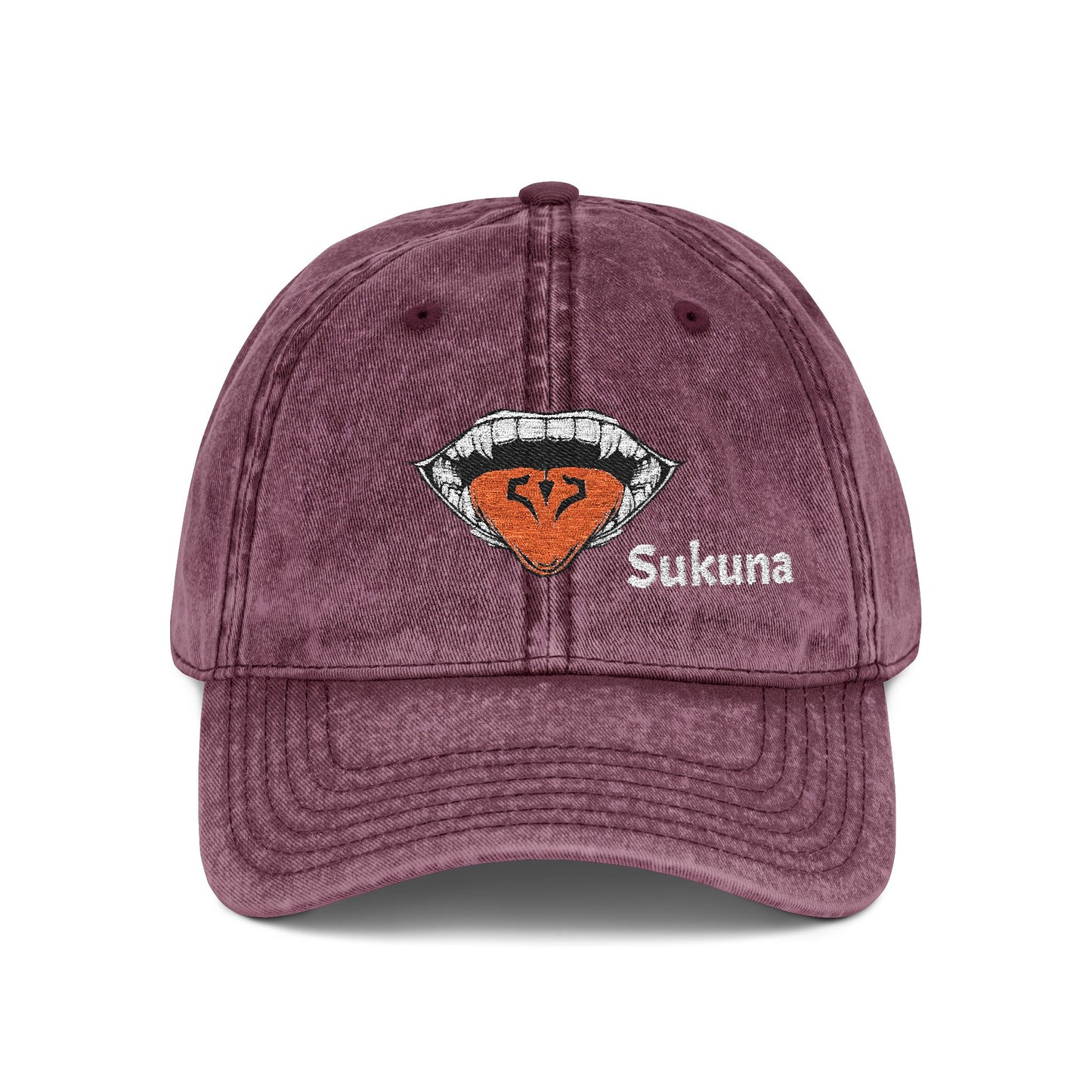 Vintage Embroidered Cap — Retro Lip Patch & "Sukuna" Text