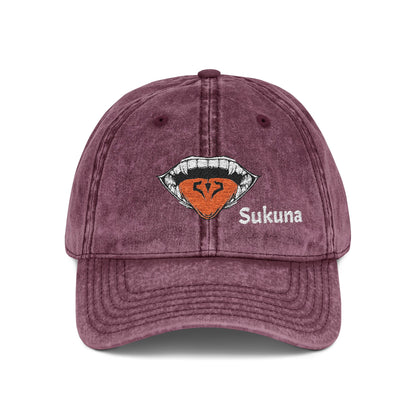 Vintage Embroidered Cap — Retro Lip Patch & "Sukuna" Text