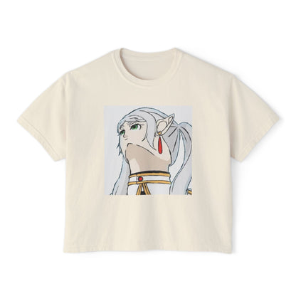 Anime Elf Portrait Boxy Tee — White Women’s Cropped Graphic Shirt