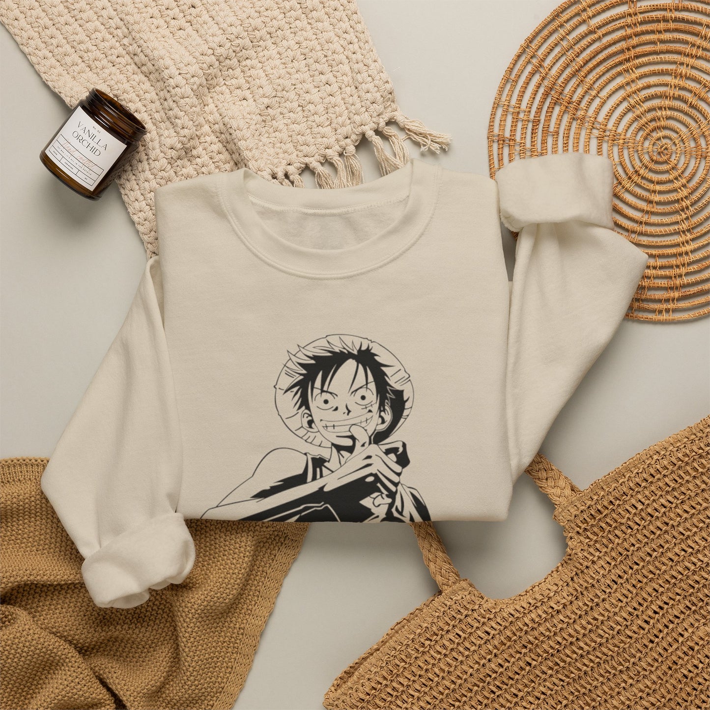 Luffy One Piece Anime Crewneck Sweatshirt — Monochrome Anime Pirate Illustration