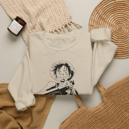 Luffy One Piece Anime Crewneck Sweatshirt — Monochrome Anime Pirate Illustration