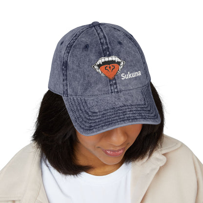Vintage Embroidered Cap — Retro Lip Patch & "Sukuna" Text