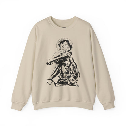 Luffy One Piece Anime Crewneck Sweatshirt — Monochrome Anime Pirate Illustration