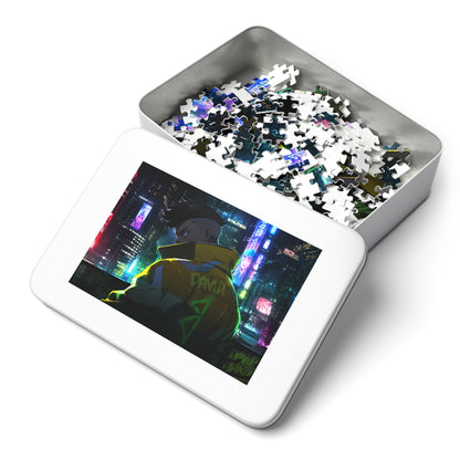 Cyberpunk City Jigsaw Puzzle with Tin — Neon Anime Night Skyline