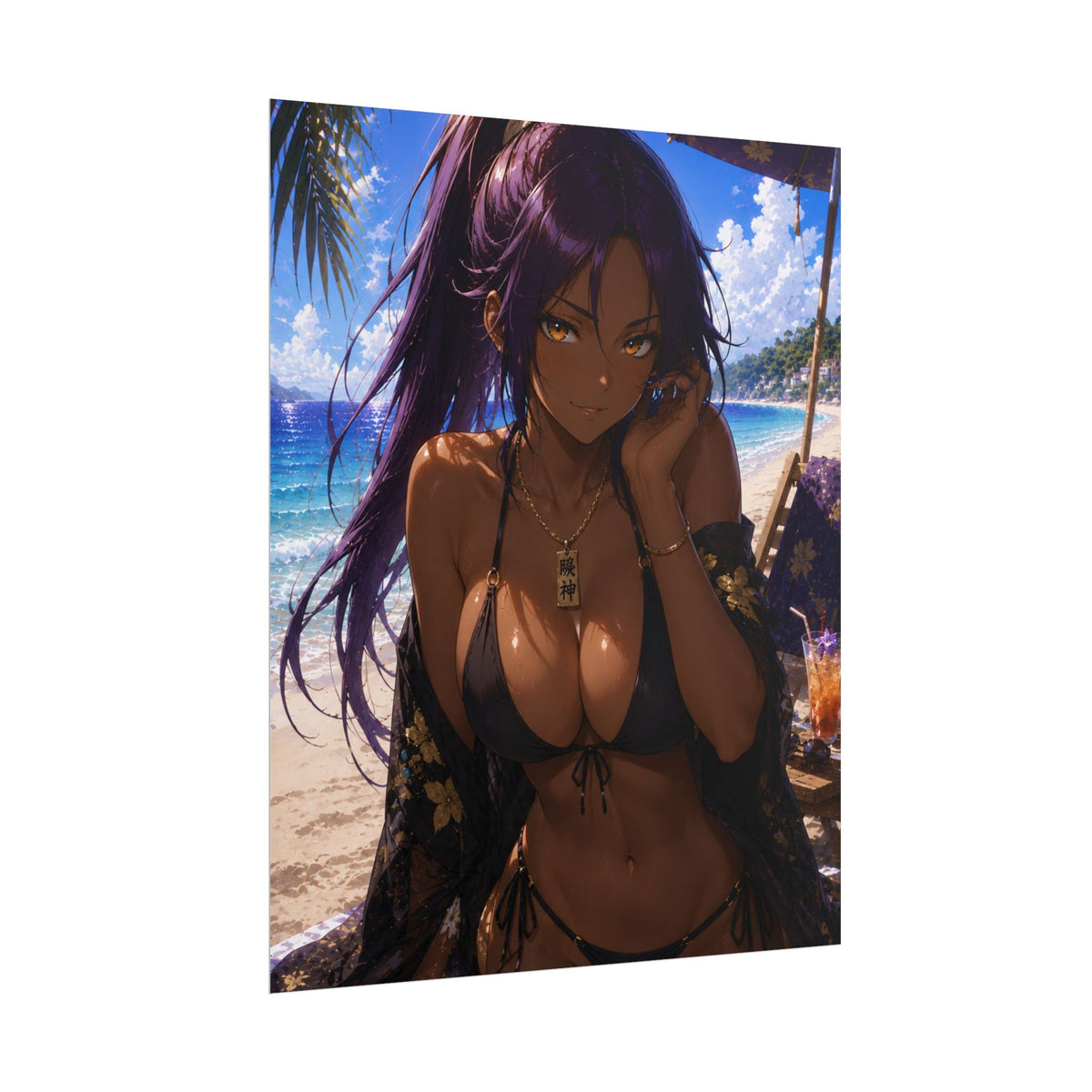 Yoruichi Bleach Anime Beach Poster — Dark-Skinned Purple-Haired Bikini Girl Rolled Art Print