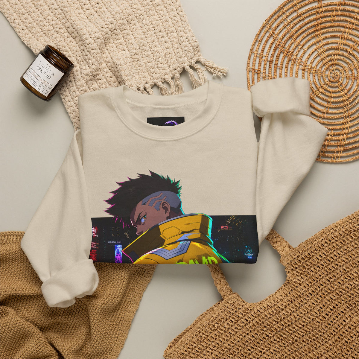 Cyberpunk Jacket Graphic Sweatshirt — "DAVID" Neon Anime Crewneck
