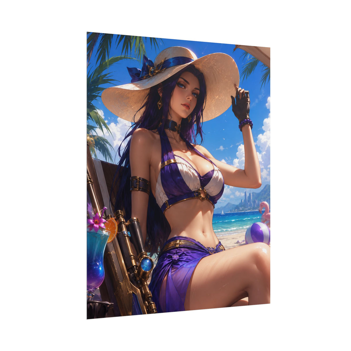 Caitlyn Arcane Beach Goddess Poster — Summer Anime Pinup Rolled Art Print