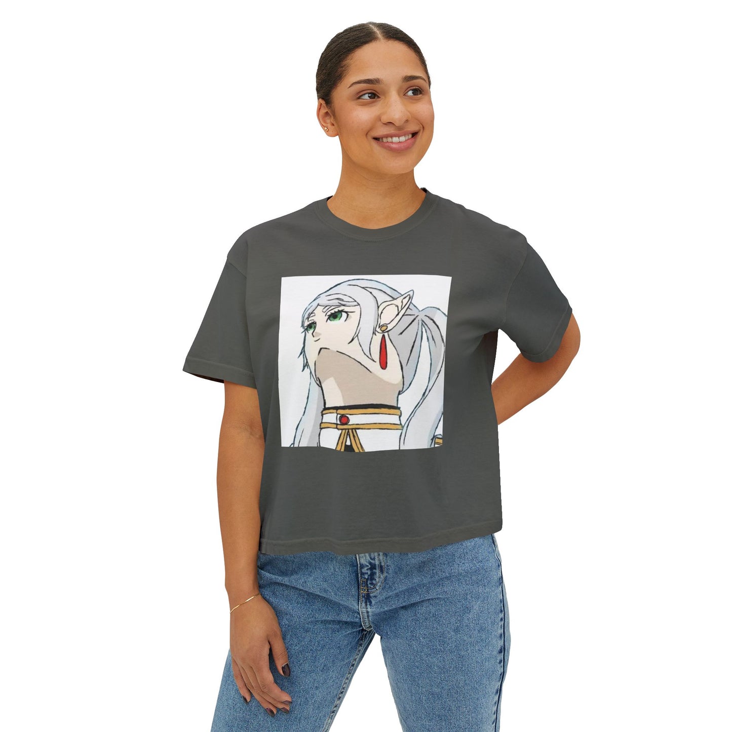 Anime Elf Portrait Boxy Tee — White Women’s Cropped Graphic Shirt