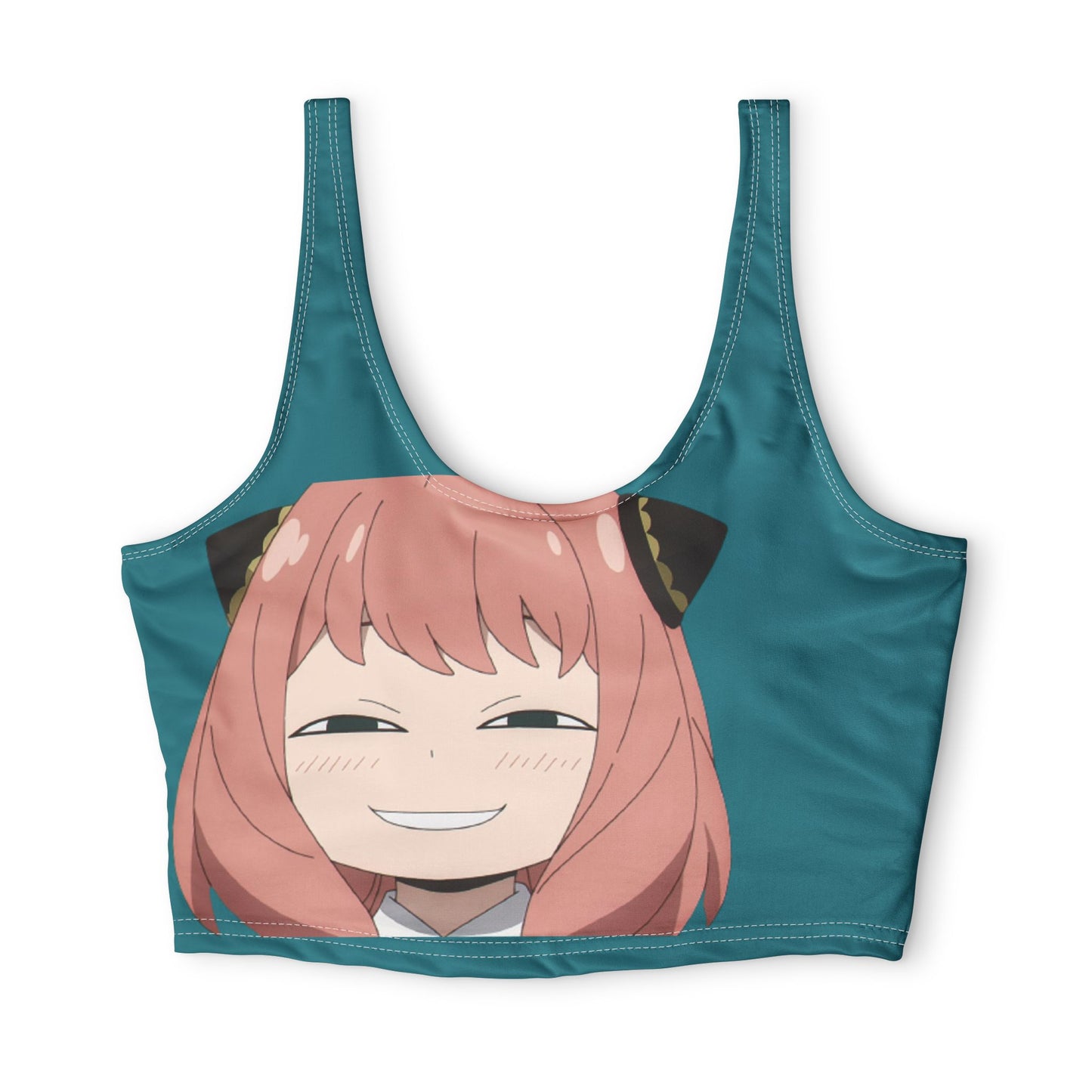 Anime Smile Sports Bra — Cute Pink-Haired Character AOP Crop Top