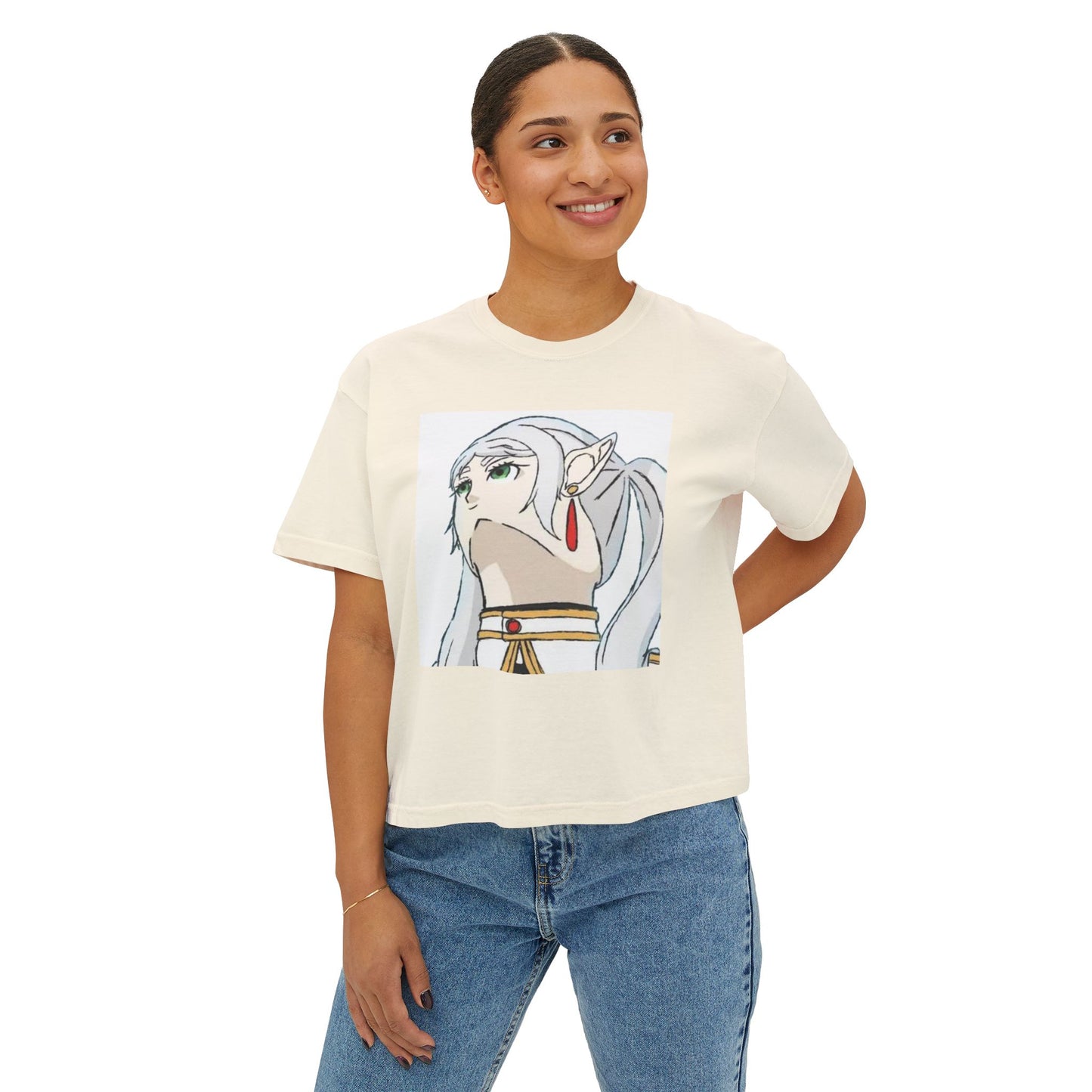 Anime Elf Portrait Boxy Tee — White Women’s Cropped Graphic Shirt