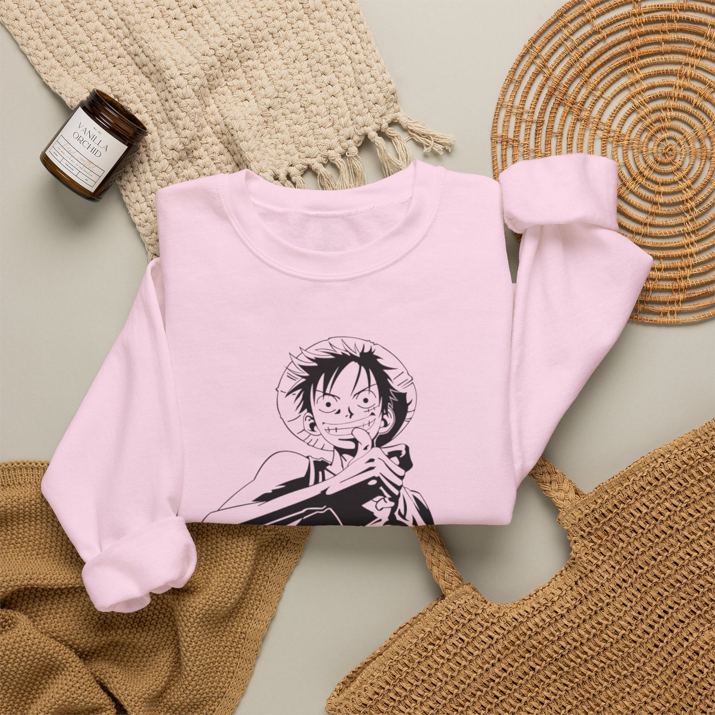 Luffy One Piece Anime Crewneck Sweatshirt — Monochrome Anime Pirate Illustration