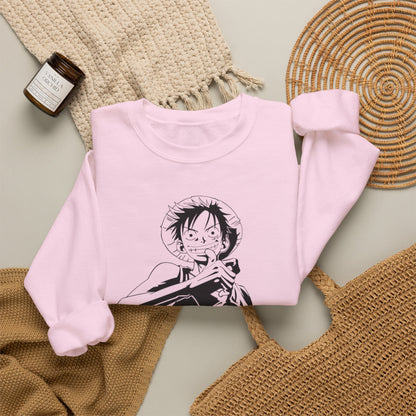 Luffy One Piece Anime Crewneck Sweatshirt — Monochrome Anime Pirate Illustration