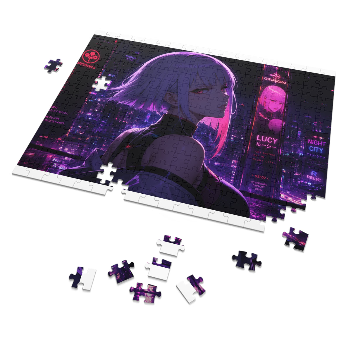 Cyberpunk Anime Jigsaw Puzzle with Tin — 'Lucy' Neon Night City Scene