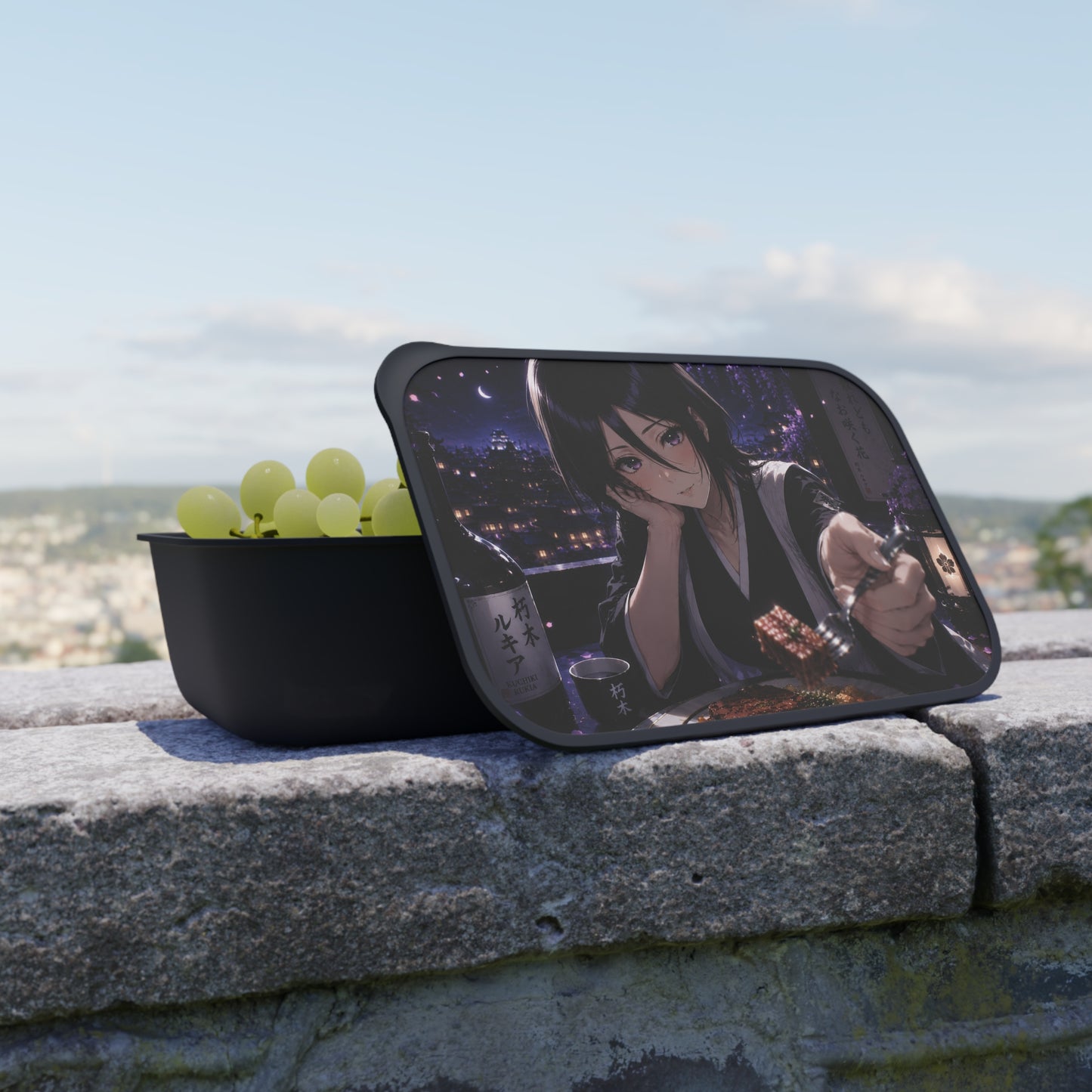 Rukia Kuchiki Bleach Anime Night Bento Box with Utensils – Romantic Cityscape Design