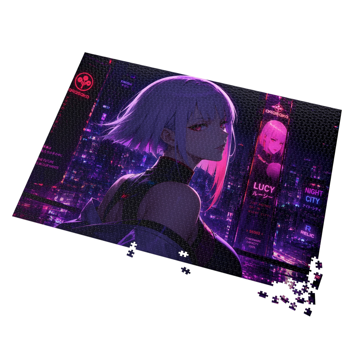 Cyberpunk Anime Jigsaw Puzzle with Tin — 'Lucy' Neon Night City Scene