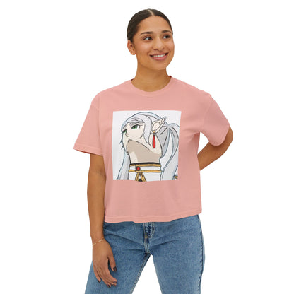 Anime Elf Portrait Boxy Tee — White Women’s Cropped Graphic Shirt