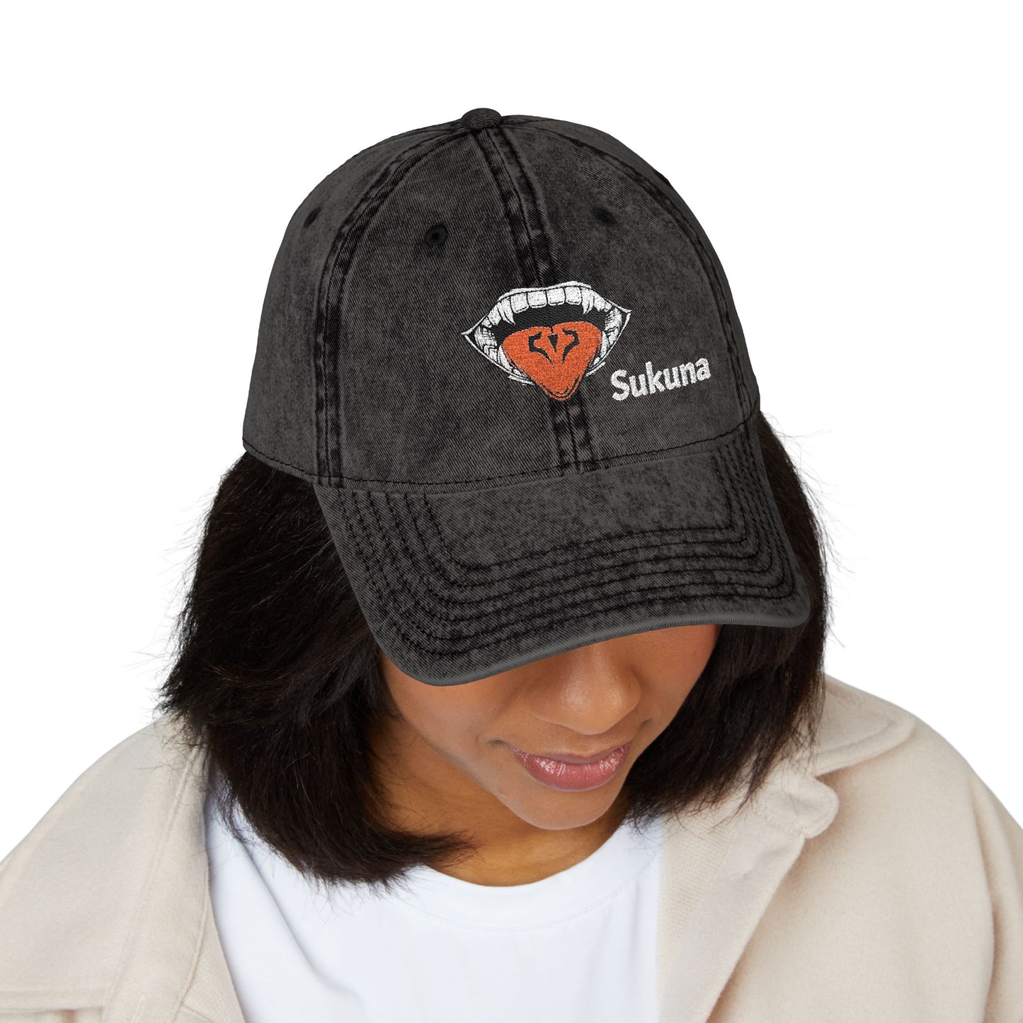 Vintage Embroidered Cap — Retro Lip Patch & "Sukuna" Text