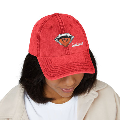 Vintage Embroidered Cap — Retro Lip Patch & "Sukuna" Text