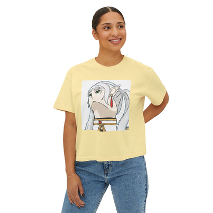 Anime Elf Portrait Boxy Tee — White Women’s Cropped Graphic Shirt