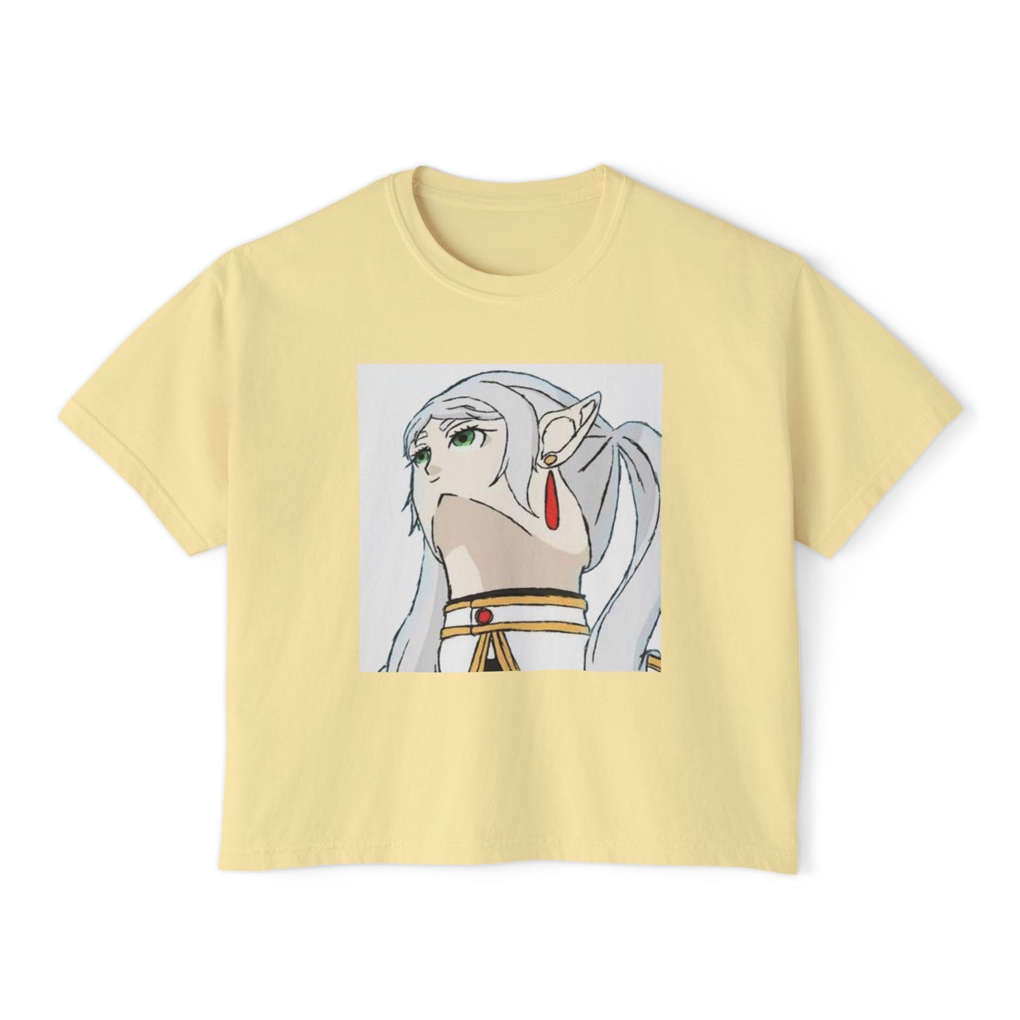 Anime Elf Portrait Boxy Tee — White Women’s Cropped Graphic Shirt