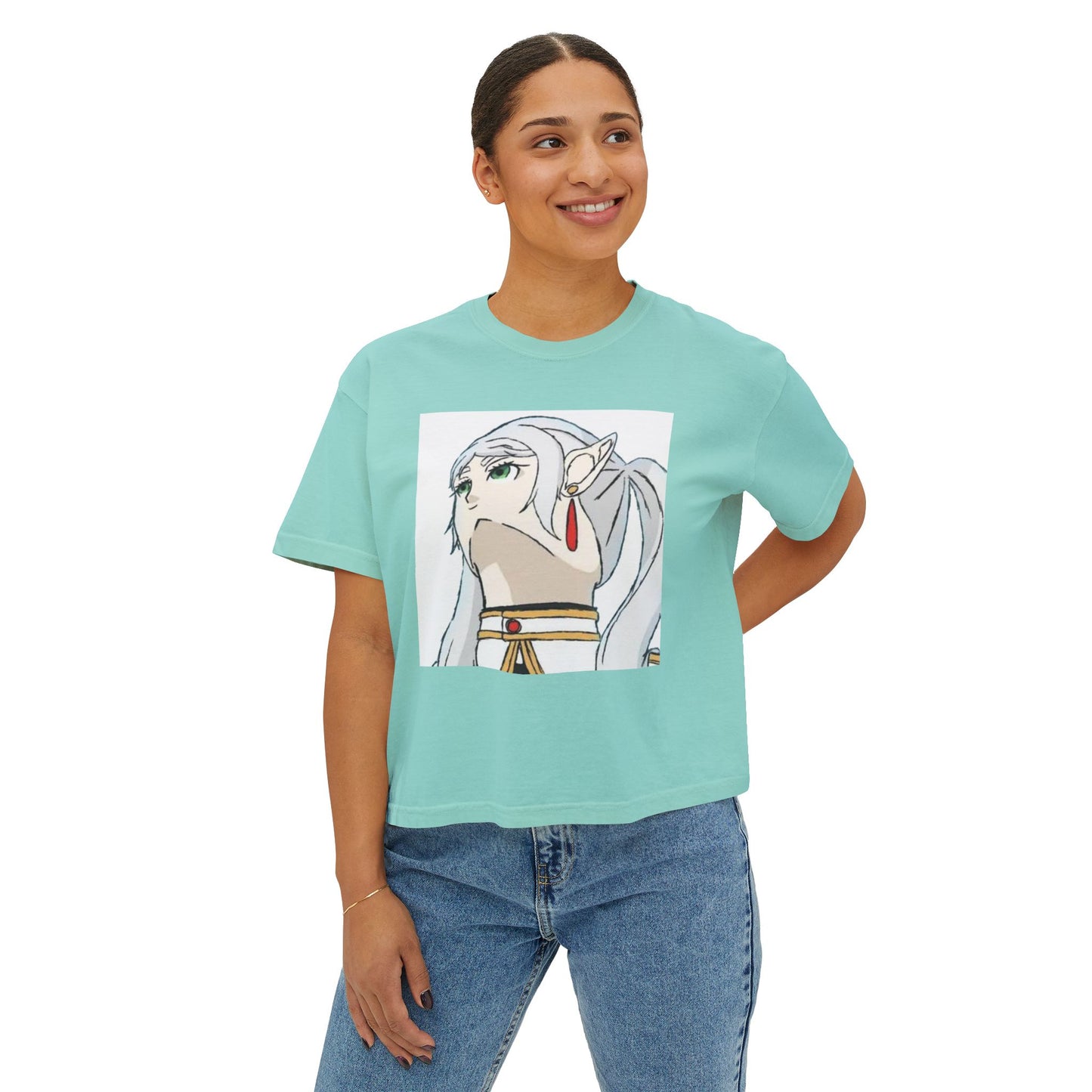 Anime Elf Portrait Boxy Tee — White Women’s Cropped Graphic Shirt