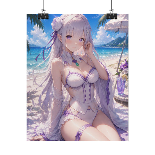 Anime Beach Poster — Pastel Violet Swimsuit Waifu Rolled Art Print