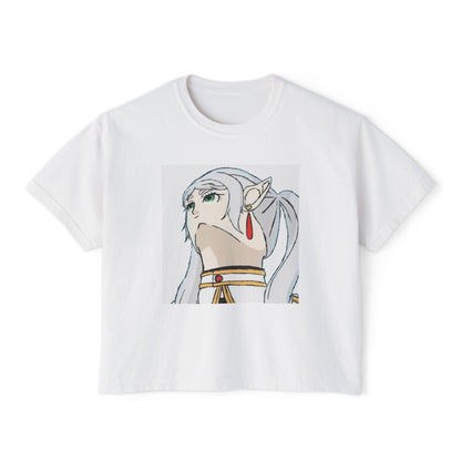 Anime Elf Portrait Boxy Tee — White Women’s Cropped Graphic Shirt